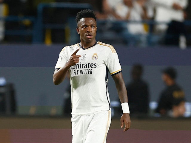 Real Madrid's Vinicius Junior celebrates scoring his third goal and completing his hat-trick on January 14, 2024.