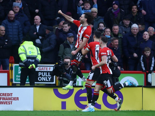 Sheffield United's Ben Brereton Diaz celebrates scoring their first goal with Anel Ahmedhodzic and Jack Robinson on January 21, 2024