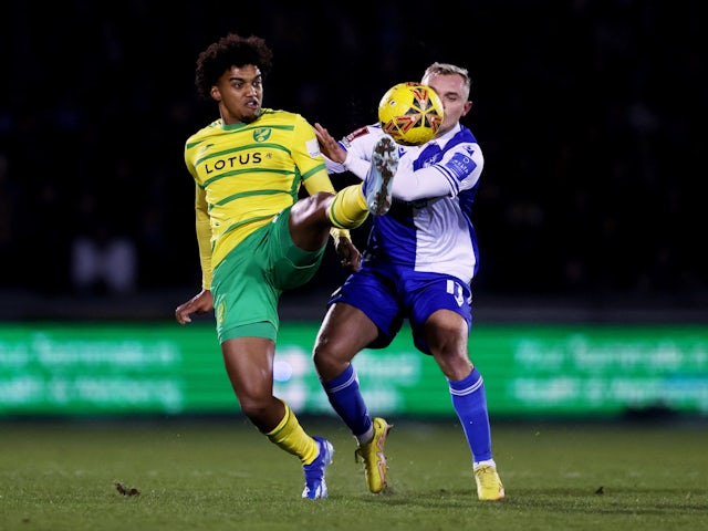 Norwich City's Sam McCallum in action with Bristol Rovers' Luke Thomas on January 17, 2024