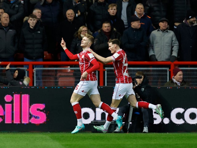 Bristol City's Tommy Conway celebrates scoring their first goal on January 16, 2024