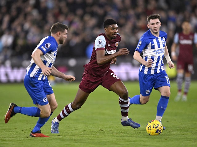 Brighton & Hove Albion's James Milner and Brighton & Hove Albion's Billy Gilmour in action with West Ham United's Ben Johnson on January 2, 2024