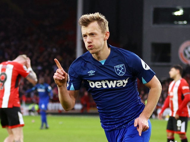 West Ham United's James Ward-Prowse celebrates scoring their second goal on January 21, 2024