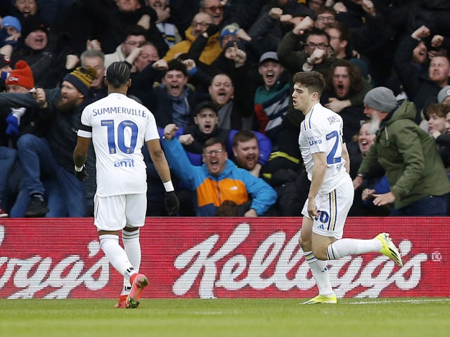 Leeds United's Dan James celebrates scoring their first goal with Crysencio Summerville on January 21, 2024