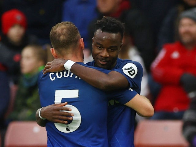West Ham United's Maxwel Cornet celebrates scoring their first goal with Vladimir Coufal on January 21, 2024