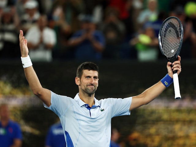 Serbia's Novak Djokovic celebrates after winning his fourth round match against France's Adrian Mannarino on January 21, 2024