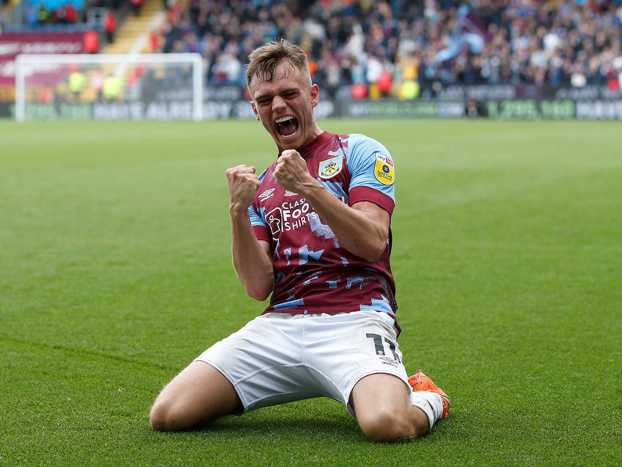 Burnley's Scott Twine celebrates scoring their third goal on May 8 ...