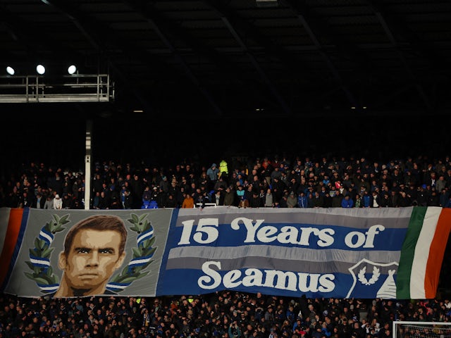 Everton fans with a banner in support of Seamus Coleman on January 14, 2024