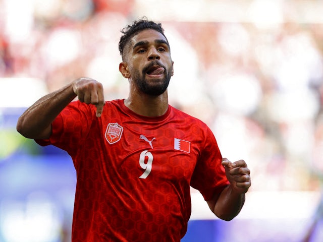 Abdulla Yusuf Helal celebrates a goal for Bahrain at the Asian Cup versus Jordan