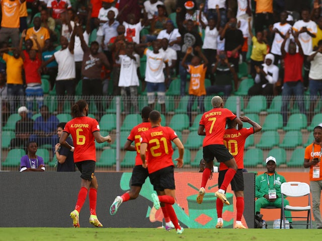 Angola's Gelson Dala celebrates scoring their second goal with teammates on January 27, 2024