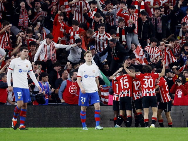 Athletic Bilbao's Oihan Sancet celebrates scoring against Barcelona on January 24, 2024