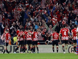 Athletic Bilbao's Gorka Guruzeta celebrates scoring their first goal with teammates on January 24, 2024