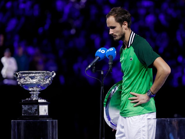 Daniil Medvedev gives a speech during the trophy ceremony after losing the final against Italy's Jannik Sinner on January 28, 2024