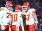 Kansas City Chiefs tight end Travis Kelce (87) reacts with running back Isiah Pacheco (10) after a touchdown against the Buffalo Bills on January 21, 2024