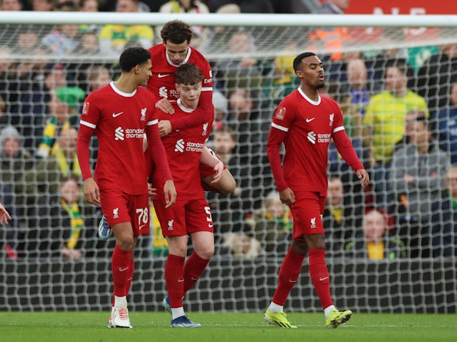 Liverpool's Curtis Jones celebrates scoring their first goal on January 28, 2024