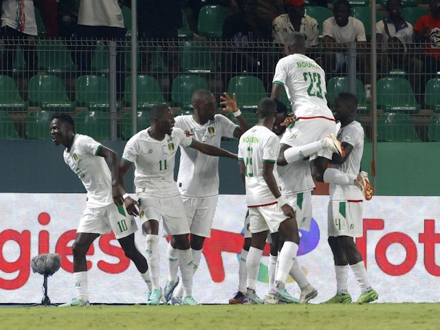 Mauritania's Yali Dellahi celebrates scoring their first goal with teammates on January 23, 2024