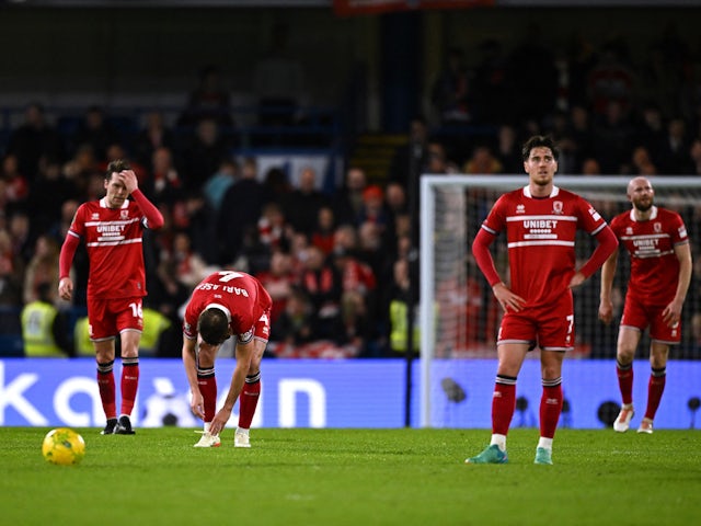 Middlesbrough players react after Chelsea's Axel Disasi scored their third goal on January 23, 2024
