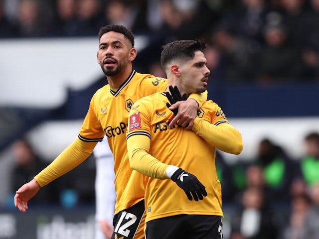 Pedro Neto celebrates scoring for Wolverhampton Wanderers against West Bromwich Albion on January 28, 2024.
