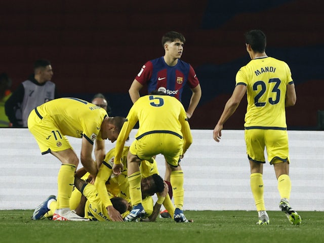 Villarreal's Jose Luis Morales celebrates scoring their fifth goal with teammates on January 27, 2024