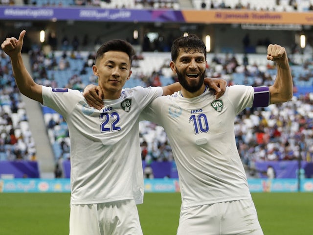 Abbosbek Fayzullayev celebrates his second goal for Uzbekistan at the 2023 Asian Cup round of 16