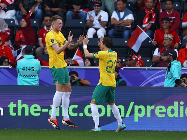 Harry Souttar celebrates after scoring the fourth goal for Australia at the Asian Cup against Indonesia