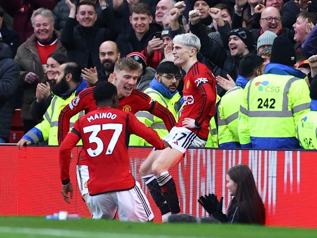 Alejandro Garnacho of Manchester United celebrates scoring their second goal with Rasmus Hojlund and Kobbie Mainoo on February 4, 2024.