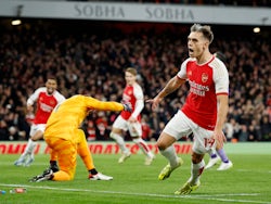 Arsenal's Leandro Trossard celebrates scoring their third goal on February 3, 2024