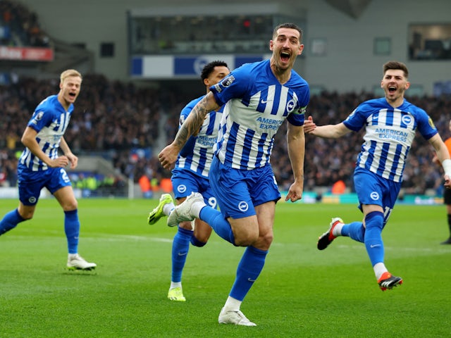 Lewis Dunk of Brighton & Hove Albion celebrates scoring their first goal on February 3, 2024.