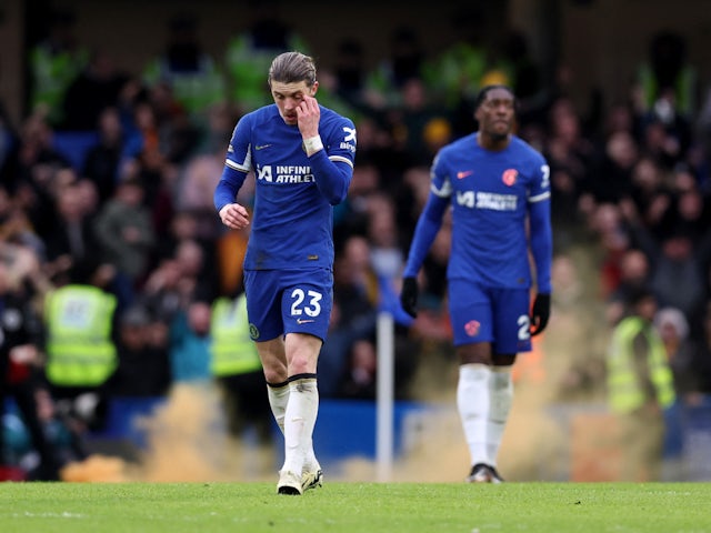 Chelsea's Conor Gallagher reacts after Wolverhampton Wanderers' Matheus Cunha scores their third goal on February 3, 2024