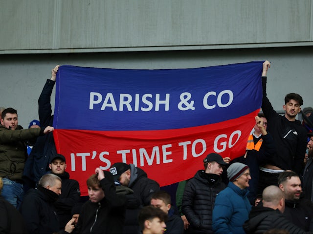 Crystal Palace fans with a banner in protest to chairman Steve Parish on February 3, 2024
