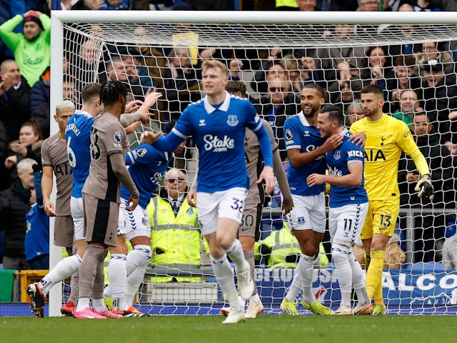 Everton's Dominic Calvert-Lewin celebrates scoring their first goal on February 3, 2024