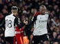 Fulham's Issa Diop celebrates scoring their first goal with Andreas Pereira on January 24, 2024