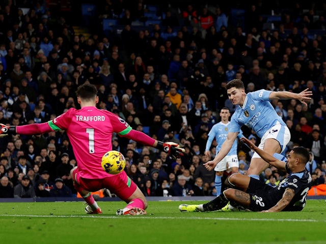 Manchester City's Julian Alvarez scores their second goal on January 31, 2024