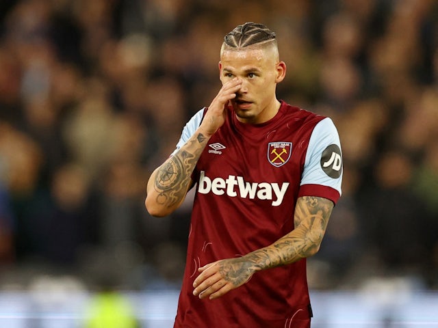 West Ham United's Kalvin Phillips reacts on February 1, 2024