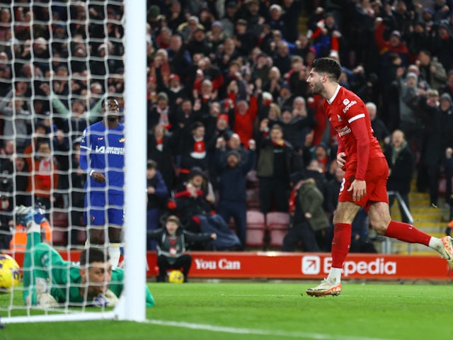 Liverpool's Dominik Szoboszlai scores their third goal on January 31, 2024