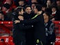 Arsenal manager Mikel Arteta celebrates with coaching staff on January 30, 2024