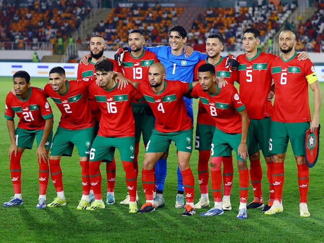 Morocco players pose for a team group photo before the match on January 30, 2024