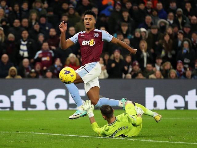 Aston Villa's Ollie Watkins scores a goal that is later disallowed on January 30, 2024