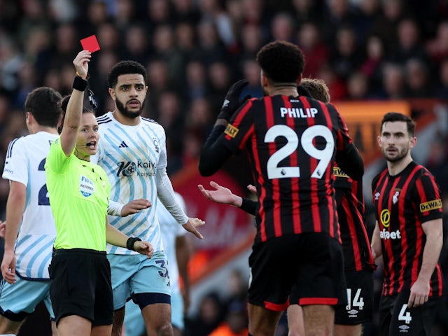 Bournemouth's Philip Billing is shown a red card by referee Rebecca Welch on February 4, 2024