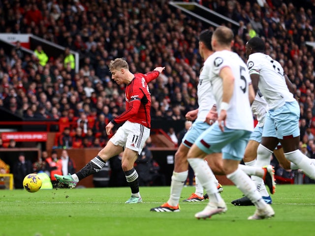 Manchester United's Rasmus Hojlund scores their first goal on February 4, 2024