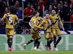 Rayo Vallecano's Alvaro Garcia celebrates scoring their first goal with teammates on January 31, 2024