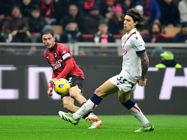AC Milan's Davide Calabria in action with Bologna's Riccardo Calafiori  on February 2, 2024