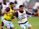 West Ham United's Said Benrahma and Pablo Fornals during the warm up before the match on August 31, 2022