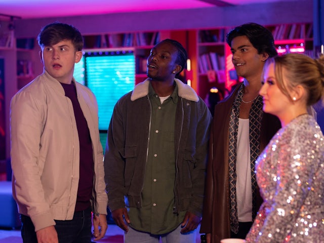 Charlie, Andre, Dillon and Leah on Hollyoaks on December 29, 2023