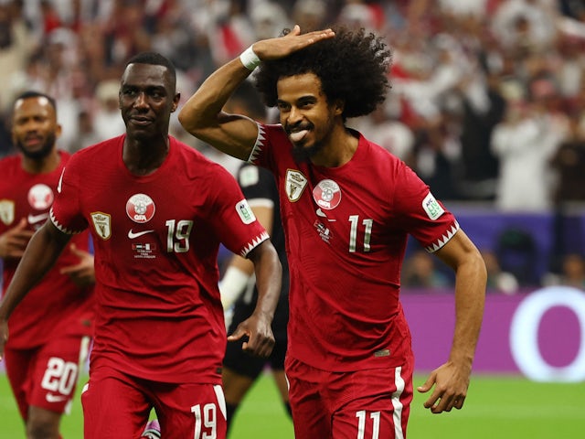 Akram Afif celebrates his winning goal for Qatar versus Jordan in the Asian Cup final on February 9, 2024