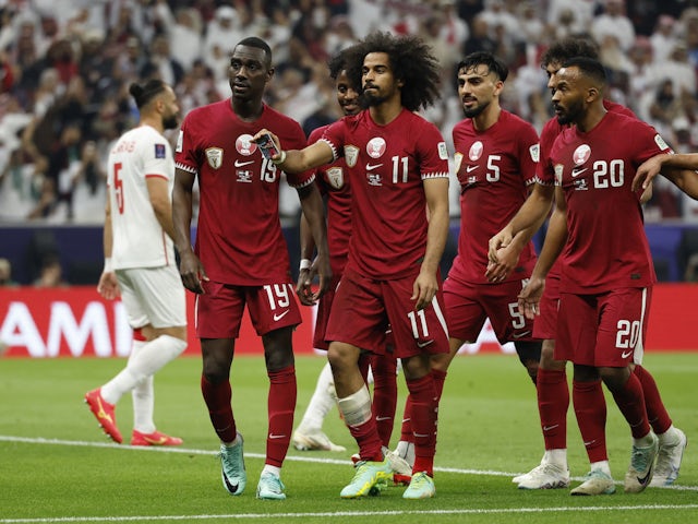  Akram Afif celebrates scoring the opening foal for Qatar versus Jordan in the Asian Cup final on February 9, 2024