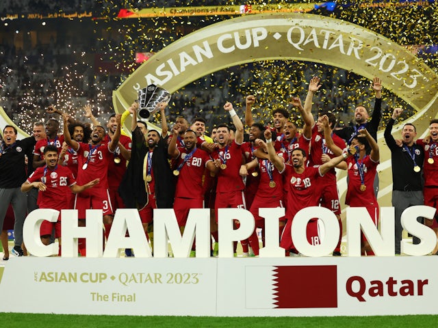  Qatar celebrate after capturing the Asian Cup versus Jordan on February 9, 2024