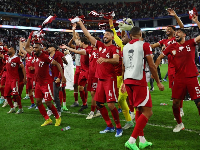  Qatar team celebrates victory over Iran at the Asian Cup on February 7, 2024
