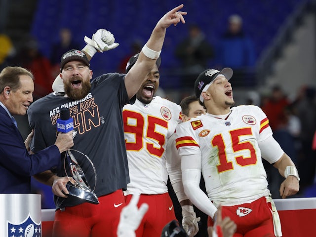 Travis Kelce and Patrick Mahomes celebrate the Kansas City Chiefs AFC Championship victory in January 2024
