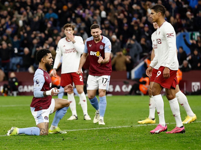 Aston Villa's Douglas Luiz celebrates scoring their first goal on February 11, 2024
