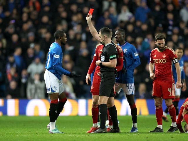 Rangers' Dujon Sterling is shown a red card by referee Don Robertson on February 6, 2024